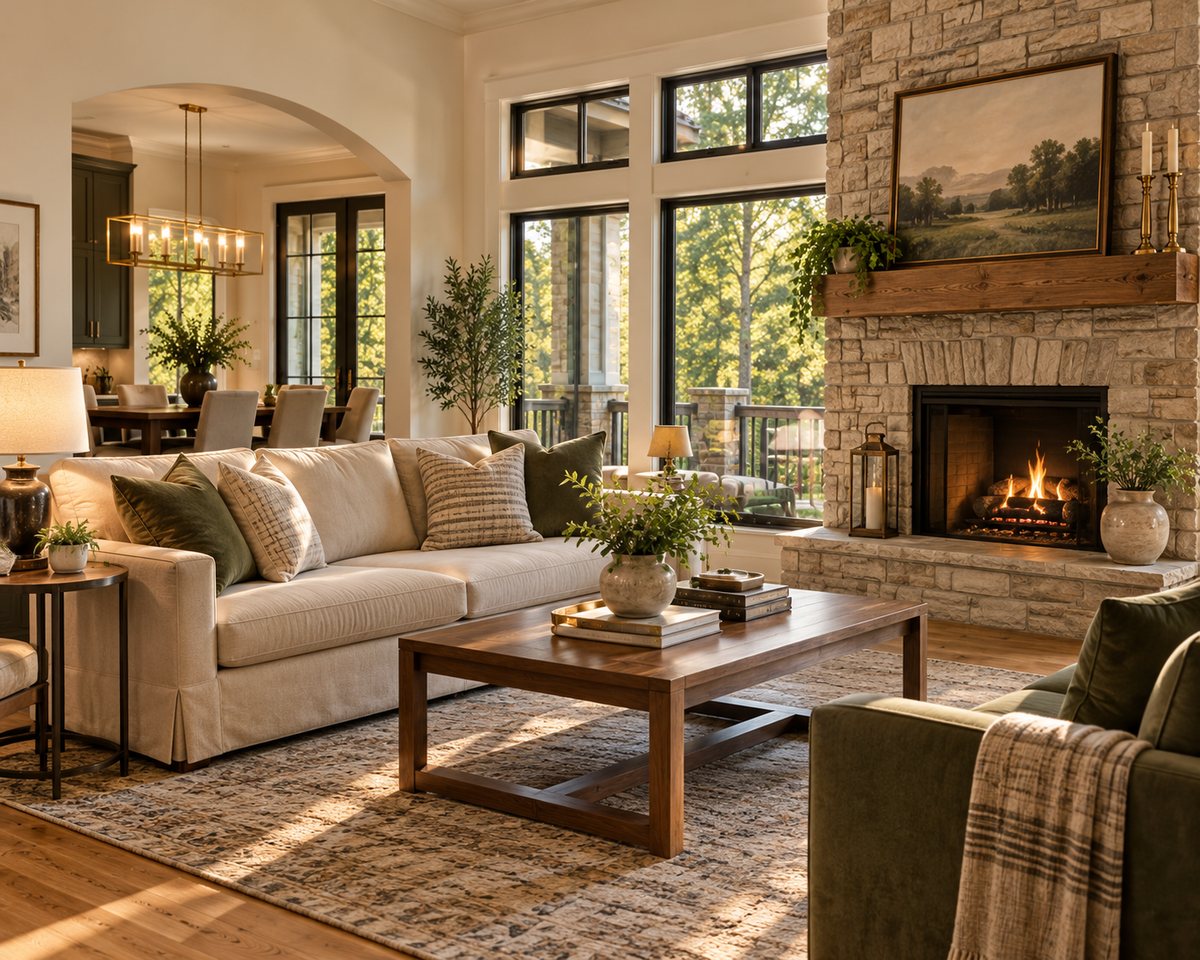 Warm, inviting living room with natural wood, stone fireplace, olive accents and windows overlooking trees