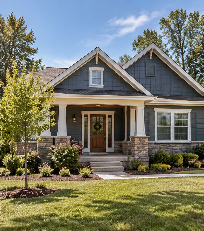 Darker-sided Craftsman home with welcoming front porch and landscaped yard