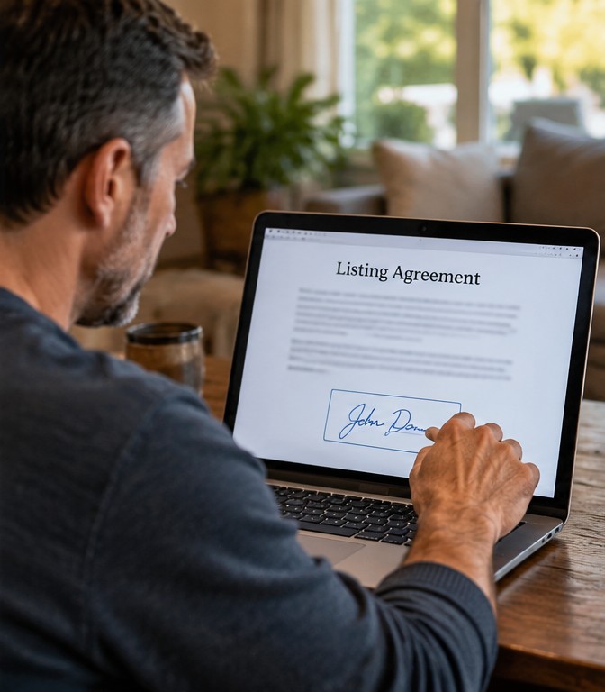 Homeowner reviewing and signing a listing agreement electronically